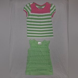 Hanna Andersson 2pk Green and Pink Striped/Ruffle Green Tees 100/4